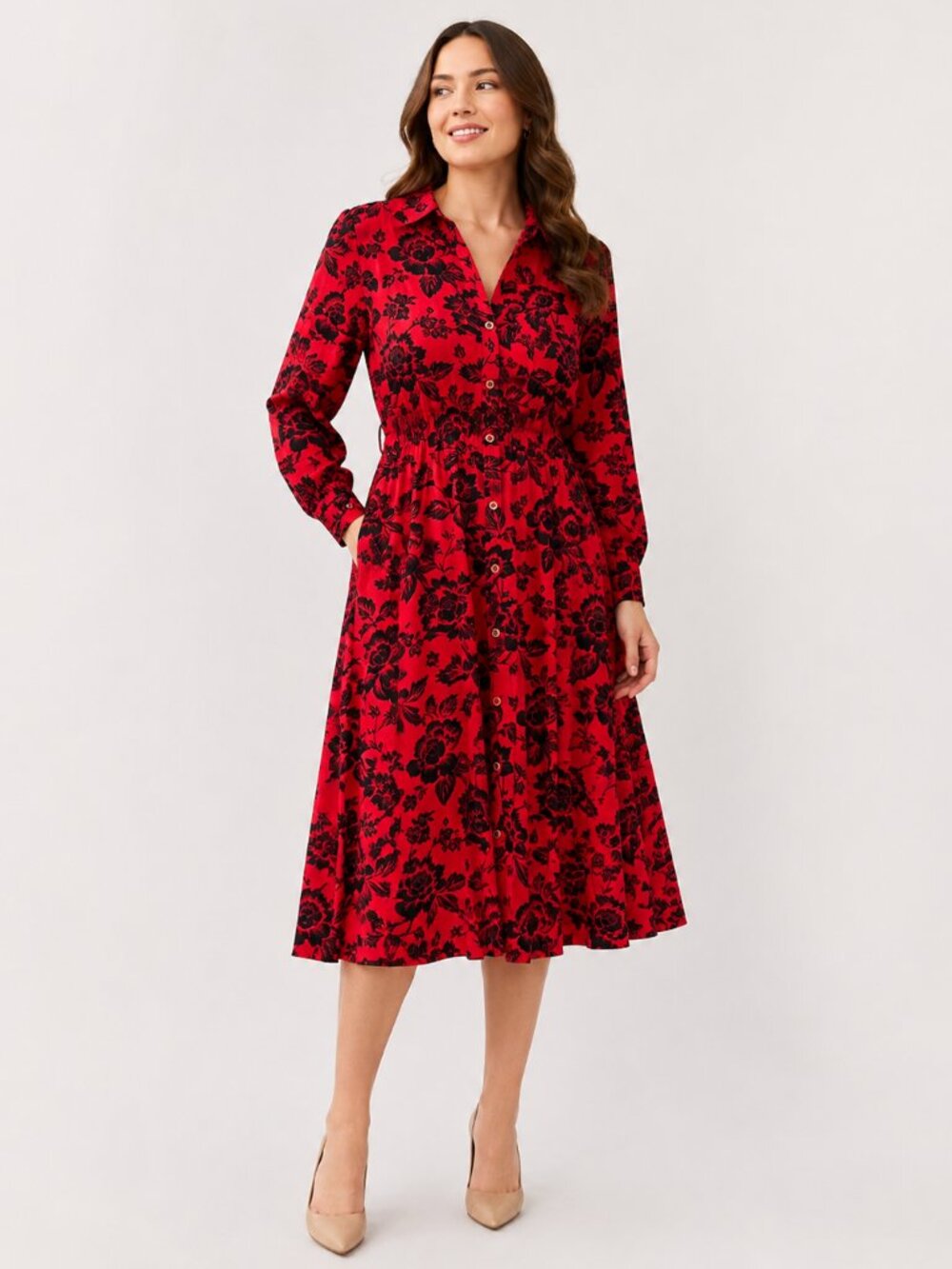 Calvin Klein 100% Cotton Red and Black Floral Long Sleeve Midi Dress